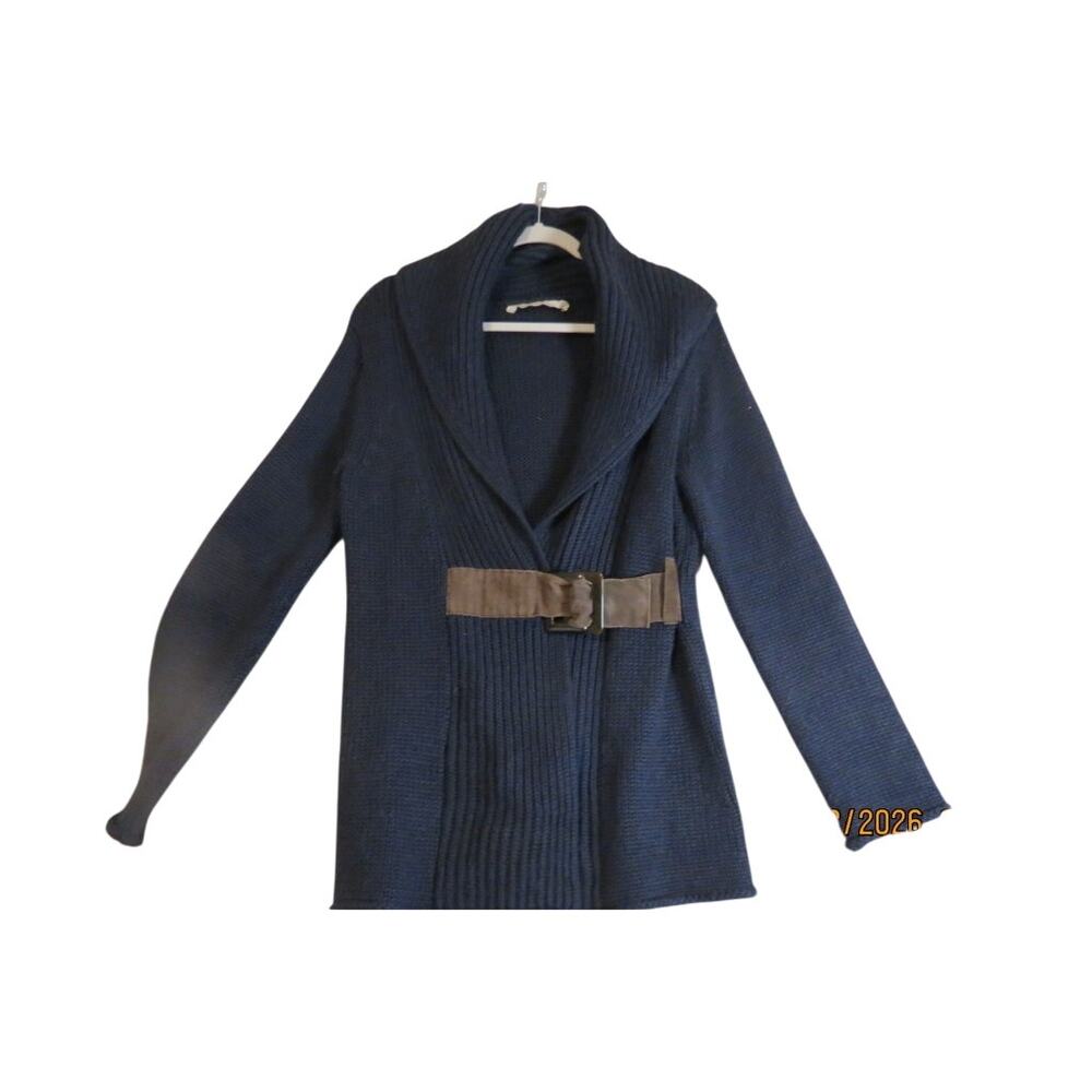 Soft Surroundings Cardigan Womens M Navy Wool Blend Shawl Collar Belted Slouchy